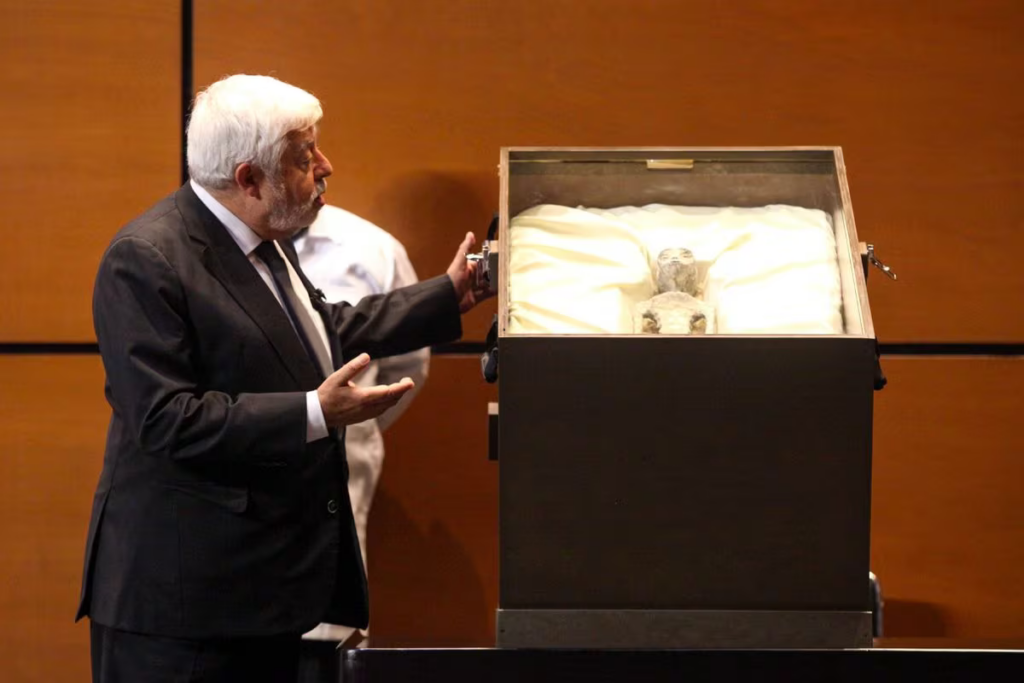 Jaime Maussan presents alien bodies of alleged NHI from Nazca, Peru, at a congressional hearing in Mexico City on September 12, 2023.